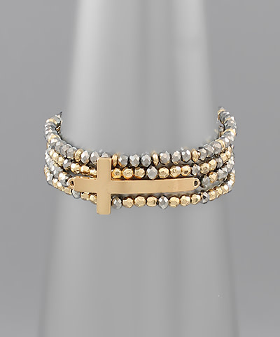 Stackable Cross & Glass Bead Bracelet - Hematite