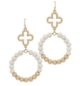 Wood & Satin Ball Beads Earrings - White