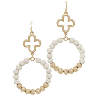 Wood & Satin Ball Beads Earrings - White