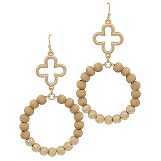 Wood & Satin Ball Beads Earrings - Light Brown