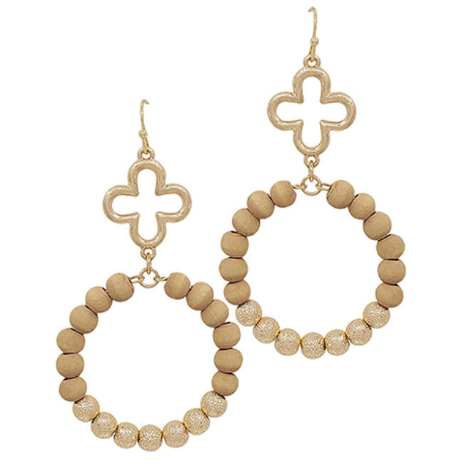 Wood & Satin Ball Beads Earrings - Light Brown