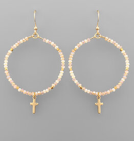 Cross Charm Bead Circle Earrings - Pink