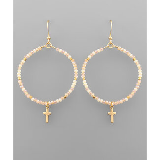 Cross Charm Bead Circle Earrings - Pink