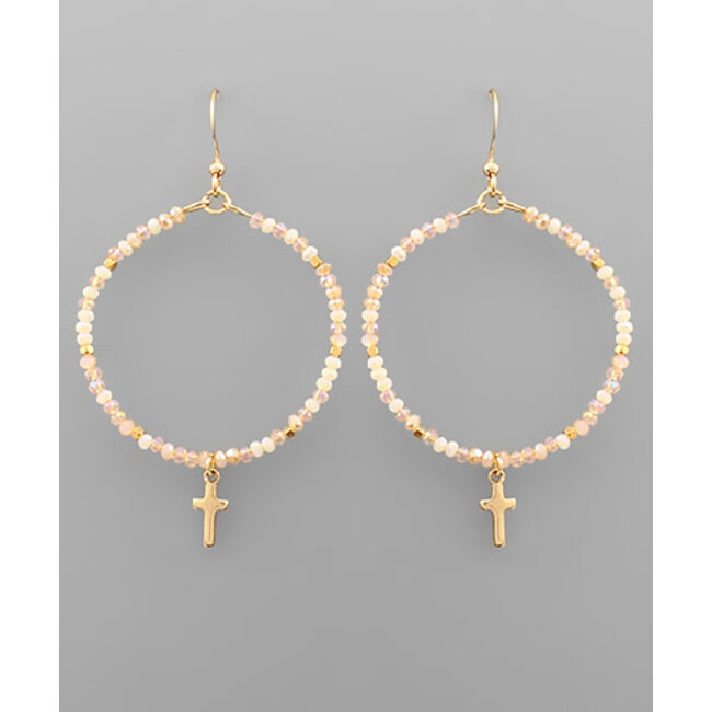 Cross Charm Bead Circle Earrings - Pink