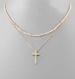 2 Row Cross & Bead Necklace - Pink/Gold