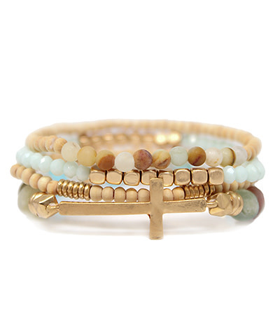 4 Row Wood Stone Beads & Cross Bracelet - Amazonite