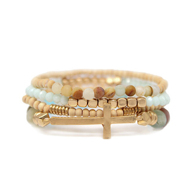 4 Row Wood Stone Beads & Cross Bracelet - Amazonite
