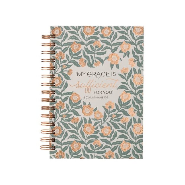 Sufficient Grace Teal Floral Large Wirebound Journal - 2 Corinthians 12:9