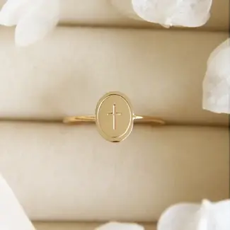 Oval Engraved Cross Ring -