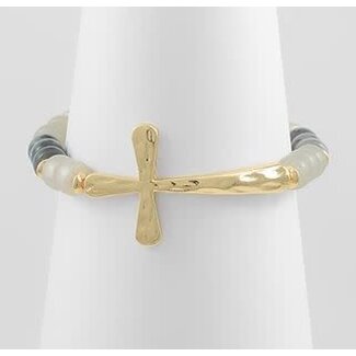 Half Beaded Cross Bracelet - Lt. Gray/Gold