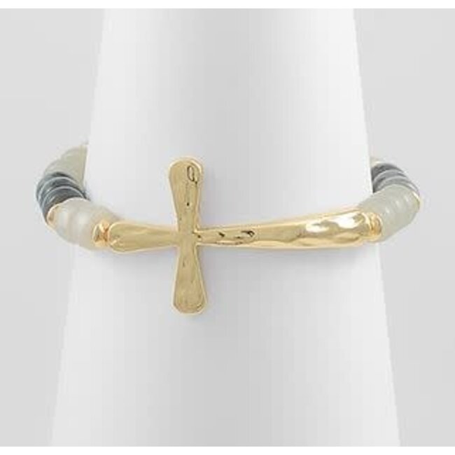 Half Beaded Cross Bracelet - Lt. Gray/Gold