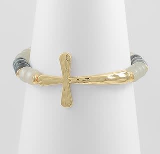 Half Beaded Cross Bracelet - Lt. Gray/Gold