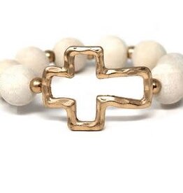 Wood Ball & Metal Cross Bracelet - Beige