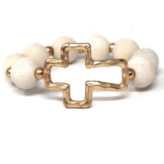 Wood Ball & Metal Cross Bracelet - Beige