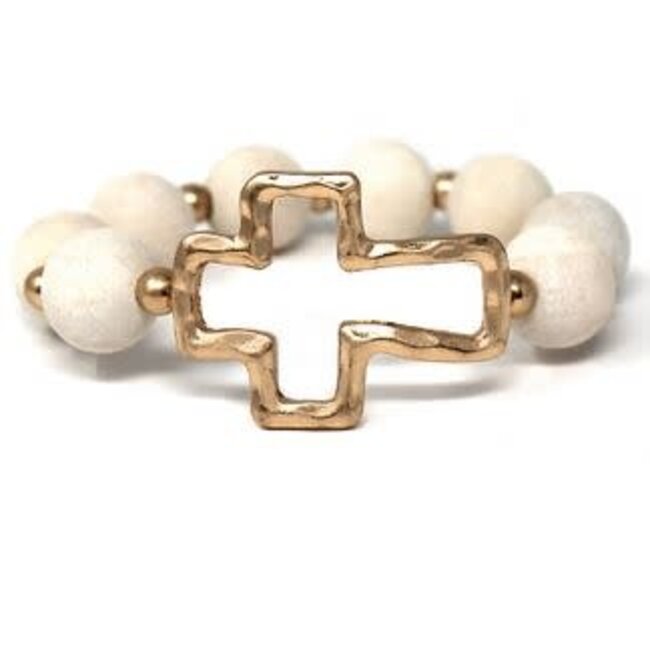 Wood Ball & Metal Cross Bracelet - Beige