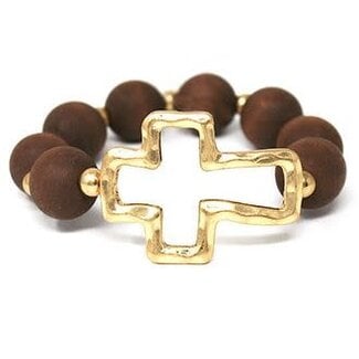 Wood Ball & Metal Cross Bracelet - Brown