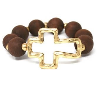 Wood Ball & Metal Cross Bracelet - Brown