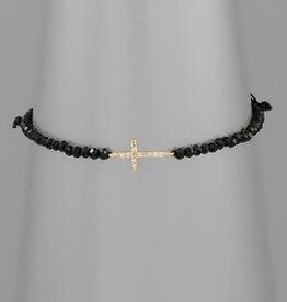 Cross Charm Glass Bead Bracelet - Black