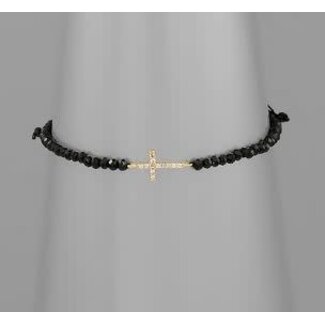 Cross Charm Glass Bead Bracelet - Black