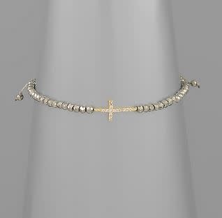 Cross Charm Glass Bead Bracelet - Hematite