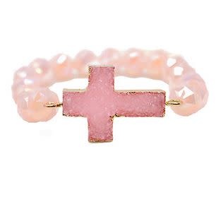 Druzy Cross & Glass Beads Bracelet - Pink
