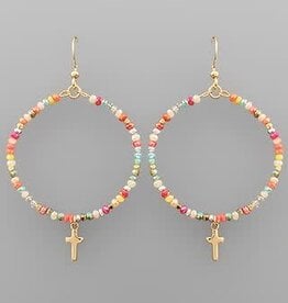 Cross Charm Bead Circle Earrings - Multi