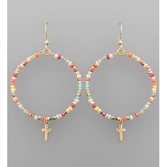 Cross Charm Bead Circle Earrings - Multi