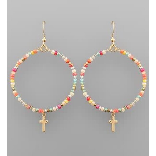 Cross Charm Bead Circle Earrings - Multi