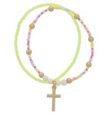 Kids Set of 2, Mini Neon Multi Beaded with Gold Cross, Neon Yellow Beaded Bracelet, .75" Pendant