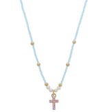 Kids Mini Neon Aqua Beaded & Pearl Accents with Pink Enamel & AB Crystal Cross Necklace, .5" Pendant