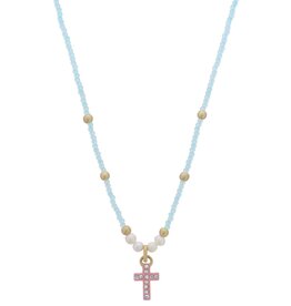 Kids Mini Neon Aqua Beaded & Pearl Accents with Pink Enamel & AB Crystal Cross Necklace, .5" Pendant