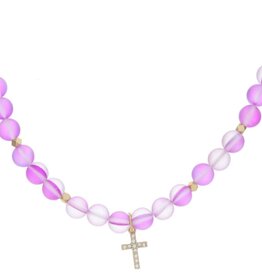 Kid's Purple Opal Beaded with Crystal Cross Necklace