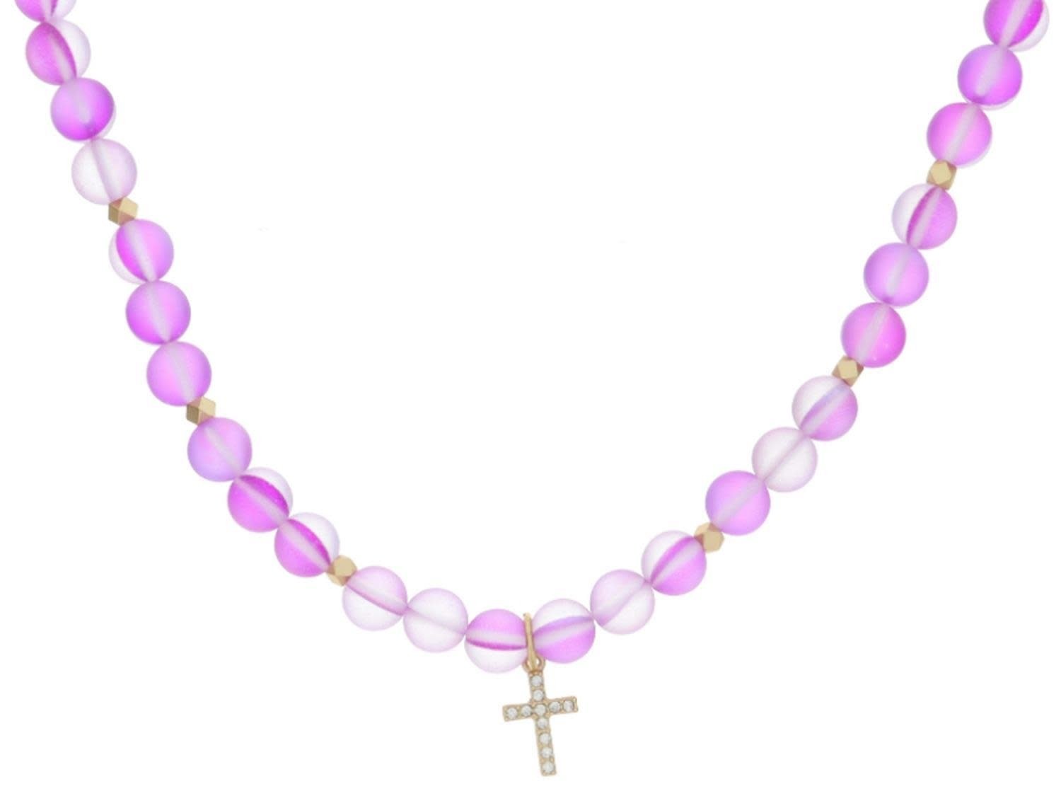 Kid's Purple Opal Beaded with Crystal Cross Necklace