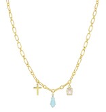 18K Gold Plated Cross, Aqua Teardrop, Emerald Crystal Charm Necklace