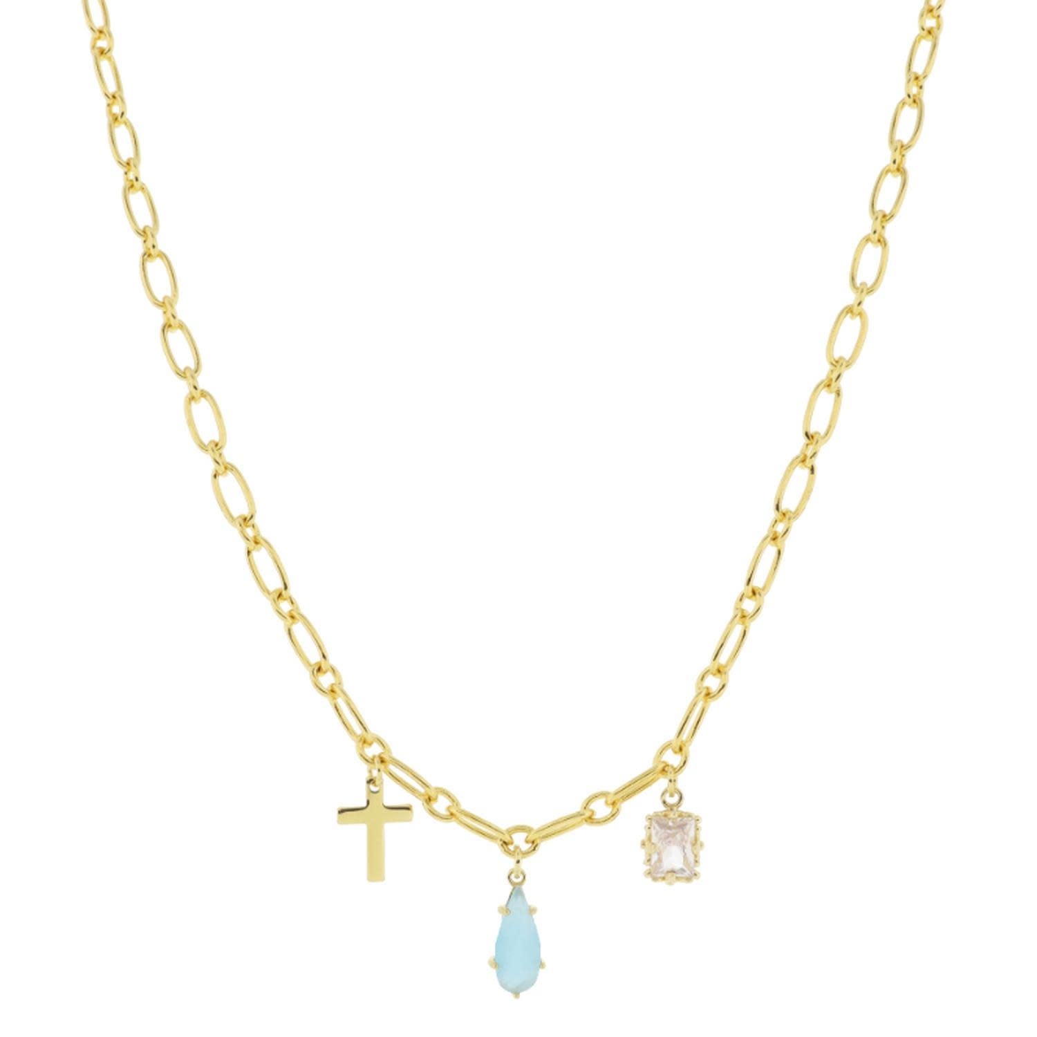 18K Gold Plated Cross, Aqua Teardrop, Emerald Crystal Charm Necklace