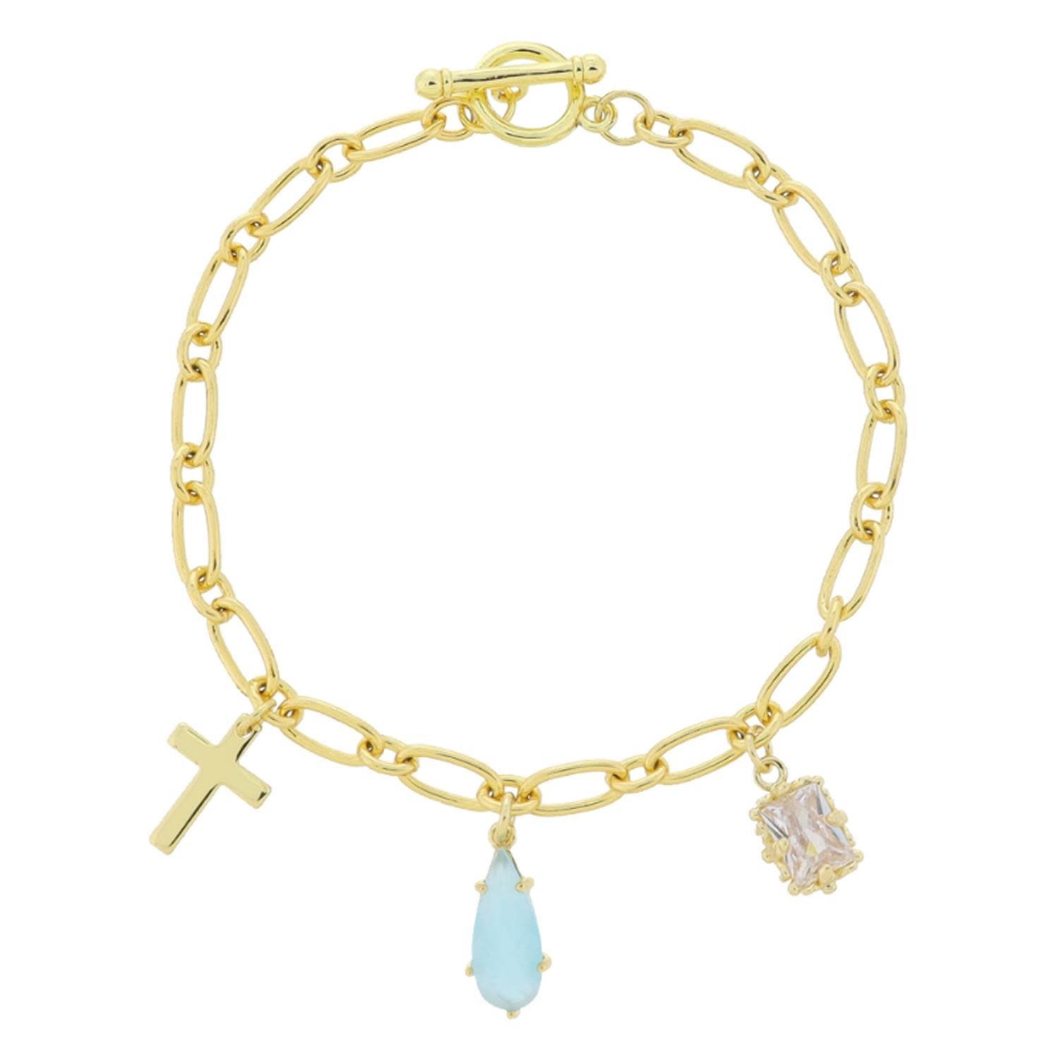 18K Gold Plated Cross, Aqua Teardrop, Emerald Crystal Charms Bracelet