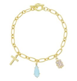 18K Gold Plated Cross, Aqua Teardrop, Emerald Crystal Charms Bracelet