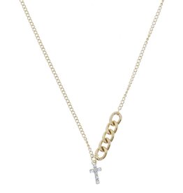 Split Gold Curb Chain Portion with Crystal Cross Dangle Necklace