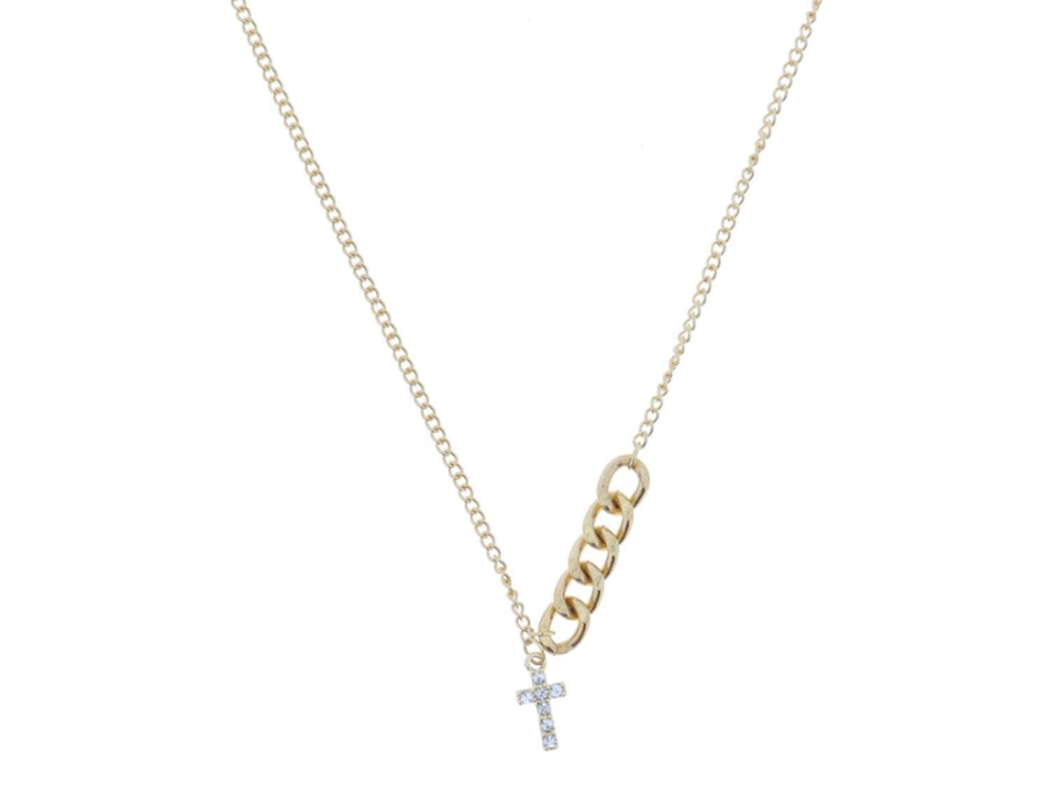 Split Gold Curb Chain Portion with Crystal Cross Dangle Necklace