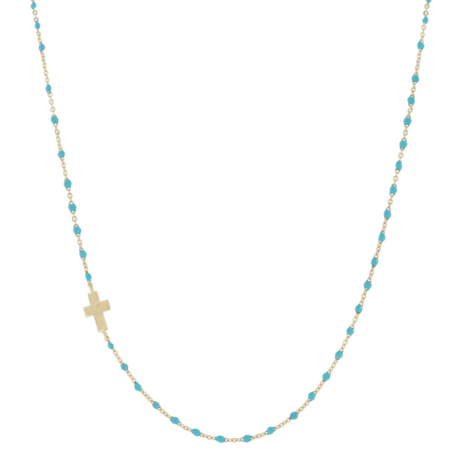 Dainty Turquoise Enamel Satellite Chain with Gold Cross in Chain Necklace