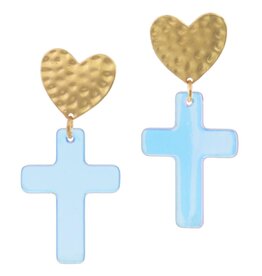 Gold Hammered Heart Post and Iridescent Acrylic Cross Earrings