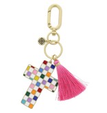 Multi and White Enamel Checkered Cross, Large Hot Pink Tassel Keychain
