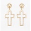 Pave Pearl Cross Drop Earrings