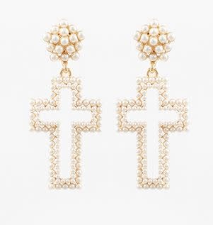 Pave Pearl Cross Drop Earrings