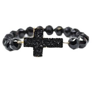 Druzy Cross & Glass Beads Bracelet - Black