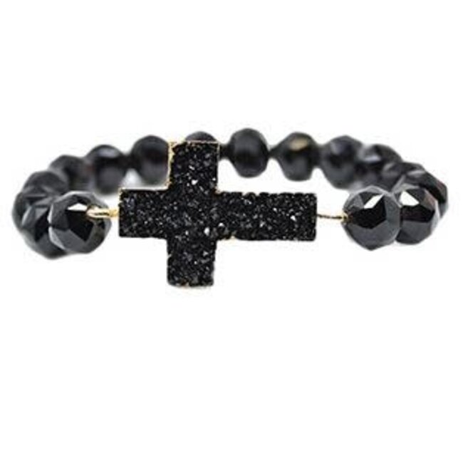 Druzy Cross & Glass Beads Bracelet - Black