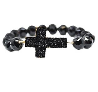 Druzy Cross & Glass Beads Bracelet - Black