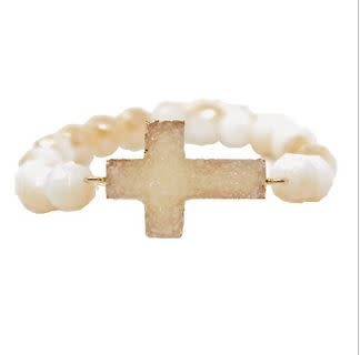 Druzy Cross & Glass Beads Bracelet - Champagne/GD