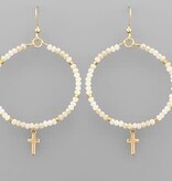 Cross Charm Bead Circle Earrings - Ivory