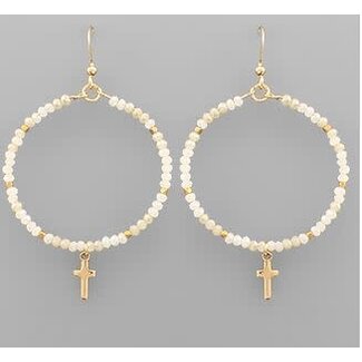 Cross Charm Bead Circle Earrings - Ivory